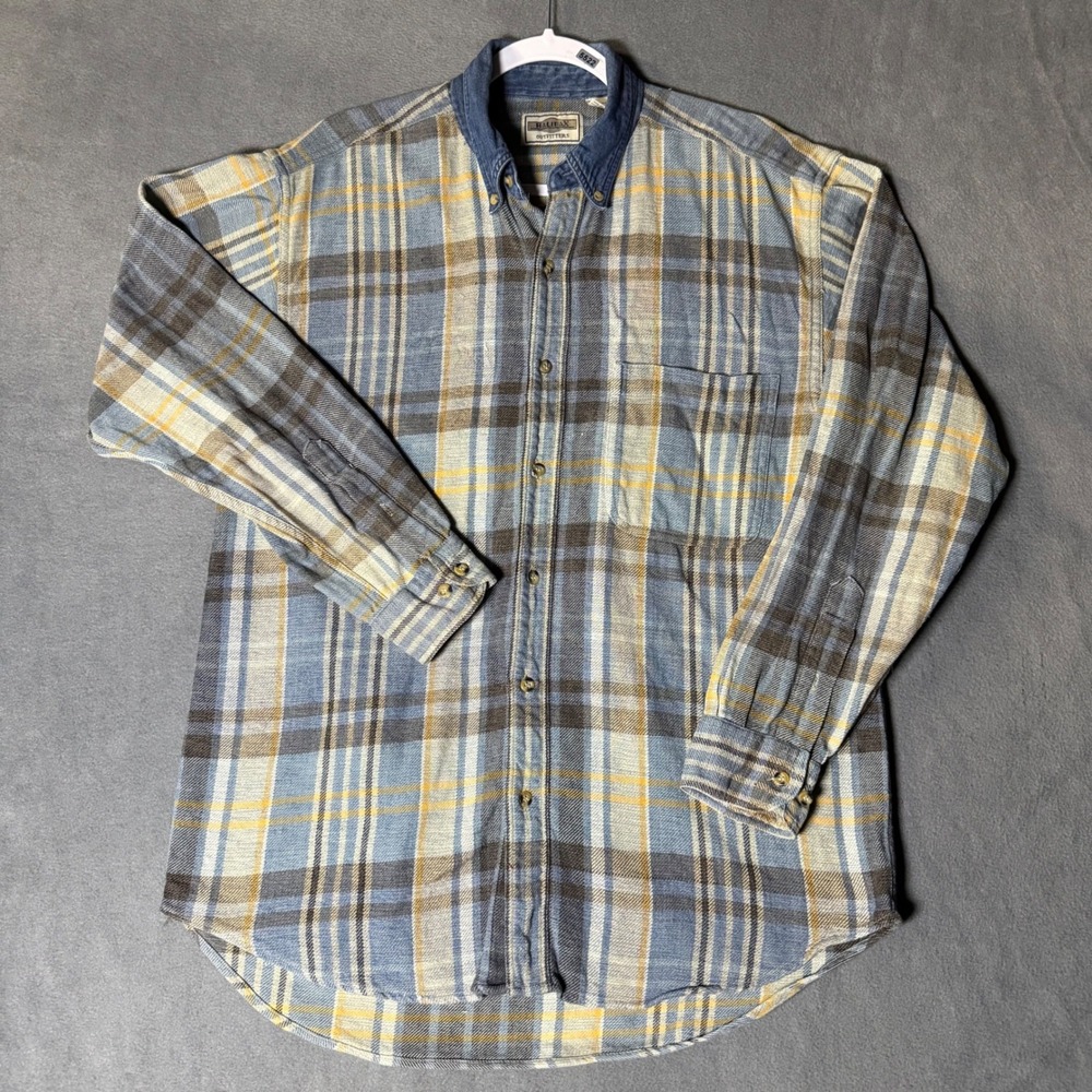 Halifax Outfitters Mens Medium Blue Plaid Cotton Button Down Shirt Denim Collar